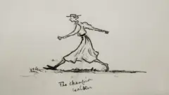 Esboço em carvão dela caminhando.