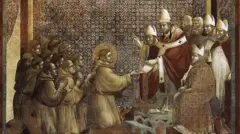 Em pintura de 1297 feita por Giotto, está a representação do momento em que São Francisco e seus seguidores, entre os quais Frei Leão, obtêm do papa da época a confirmação das regras para sua nova ordem