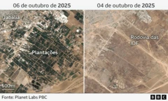 Duas imagens de satélite mostrando uma mesma área. Antes havia árvores e depois foi destruído. Também foi criada uma estrada