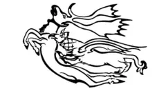 Desenho em preto e branco da tatuagem no antebraço esquerdo da mulher. Ela mostra um grande veado com chifres e uma criatura metade leão, metade águia, atacando o veado.