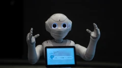 Um robô recepcionista, com os dois braços à frente, máscara no rosto e uma tela no peito.