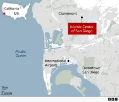 Karte mit der Lage des Islamic Center of San Diego im Verhältnis zur Innenstadt von San Diego, dem Flughafen und Clairemont