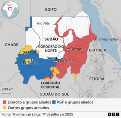 Mapa do Sudão e regiões controladas