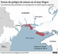 Mapa de la zona del mar Negro en la que se encuentran las minas submarinas colocadas por Rusia.