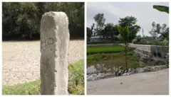 ভারত আর বাংলাদেশের সীমানা যেভাবে সীমান্ত পিলার দিয়ে নির্ধারিত ছিল আগে (বাঁয়ে), এখনকার ছবি ডানে - ছবিটি তোলা হয়েছে সাবেক বাংলাদেশি ভূখণ্ডে দাঁড়িয়ে, পুকুরের অন্যদিকে ছিল ভারত