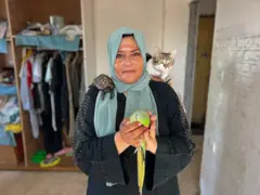 青系のスカーフを頭に巻き、黒い服を着たパレスチナ人女性が、緑色のインコを両手で持っている。左肩にはネコが、右肩にはカメが乗っている