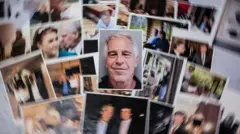 Collage de imágenes con Jeffrey Epstein en el centro y fotografías difuminadas de Epstein sobre Trump y otras personalidades.