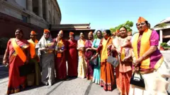 Women BJP's Ministers and MP's leave after watching Prime Minister Narendra Modi's virtual address on the occasion of BJP Foundation day , at Parliament house library on April 6, 2023 in New Delhi, India. (Photo by Sonu Mehta/Hindustan Times via Getty Images)