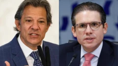 Colagem de fotos de Fernando Haddad e Hugo Motta