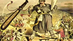 Uma caricatura que satiriza o lema da política externa do presidente Theodore Roosevelt: "Fale manso e carregue um grande porrete".