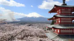 Flores de cerejeira em volta de um pagode no parque Arakurayama Sengen em Fujiyoshida, no Japão, com o monte Fuji ao fundo