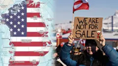 被覆蓋上美國國旗的格陵蘭地圖和示威人群