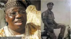 Aworan Sikiru Ayinde Barrister ninu agbada ati ninu aṣọ ṣọja nibi to ti joko sori kẹkẹ.