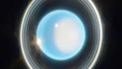 A imagem mostra com detalhes extraordinários alguns dos 13 anéis conhecidos de Urano. (NASA, ESA, CSA, STScI. Processamento de imagens: J. DePasquale, STScI).