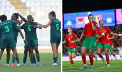 Nigeria Super Falcons wear dark green /Morocco Atlas Lionesses wear Red jersey on green shorts.