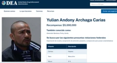 Captura de pantalla de la página de la DEA donde figura el hondureño Yulian Archaga como uno de los fugitivos más buscados.