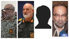  از راست: مصطفی محبی،‌ رئیس سابق سازمان زندان‌های استان تهران، احمد خادم سیدالشهدا،‌ فرمانده قرارگاه کربلا نیروی زمینی سپاه و محسن کریمی،‌ فرمانده قرارگاه نجف اشرف در کرمانشاه. از حسن آخریان ،‌ رئیس سابق بند یک زندان رجایی‌شهر که به «جلاد» شهرت دارد، نفر دوم از راست، عکسی موجود نیست.