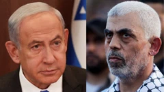 इसराइली प्रधानमंत्री बिन्यामिन नेतन्याहू और हमास नेता याह्या सिनवार (दाएं)