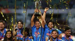  Harmanpreet Kaur of India lifts the ICC Women's Cricket World Cup trophy after her team's victory in the ICC Women's Cricket World Cup India 2025 Final match between India and South Africa at Dr. DY Patil Sports Academy on November 02, 2025 in Navi Mumbai, India. 