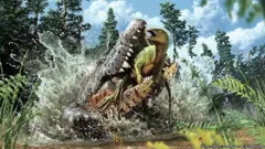 A photo of a crocodile with a small dinosaur in its mouth