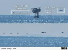 Dos imágenes muestran helicópteros volando a baja altura sobre el mar. En la imagen superior se ha identificado que los helicópteros más pequeños son Boeing MH-6M, mientras que el helicóptero más grande es un MH-60.