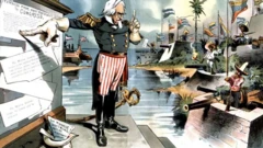 کارتونی از عمو سام که به اعلامیههایی اشاره میکند و در اطرافش کشورهای آمریکای لاتین