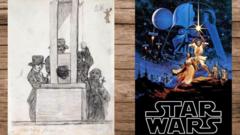 Illustration d'une guillotine et affiche "Star Wars" de 1977