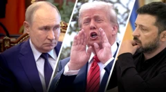 Artwork: portraits of Vladimir Putin, Donald Trump (shouting in the middle) and Volodymyr Zelensky