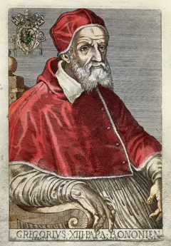 Retrato artístico do Papa Gregório XIII sentado com suas vestes vermelhas e brancas.