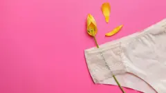 жіночі білі труси із жовтою квіточокою, яка розпадається, на загальному рожевому фоні