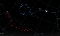 Impression d'artiste mettant en évidence les positions du Grand Anneau (en bleu) et de l'Arc géant (en rouge) dans le ciel.
