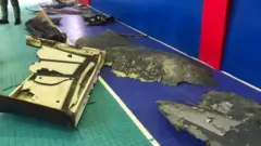 ইরানী টিভিতে দেখানো ধ্বংসপ্রাপ্ত আমেরিকান ড্রোনের কিছু টুকরো