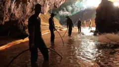 Thai Royal Navy picture from 7 July 2018 shows Thai military personnel inside the cave complex