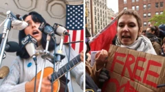 On the left, the singer Joan Baez at a Vietnam War protest in1968; on the right, a pro-Palestinian protester a few days ago in New York
