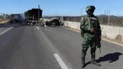 A soldier keeps watch near the wreckage of a burnt vehicle set on fire by members of a drug gang as a barricade, following the detention by Mexican authorities of drug gang leader Ovidio Guzman in Culiacan, a son of incarcerated kingpin Joaquin "El Chapo" Guzman, in Mazatlan, Mexico, January 5, 2023.