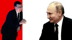 د پاول زروبین هغه چې شا ته سور رنګ دیوال یا شالید ښکاري. ولادیمیر پوتین د ګرافیک په ښي خوا کې دی، موسکا کوي او زروبین ته ګوري.