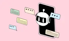Tela de celular com um robô e balões simbolizando conversas