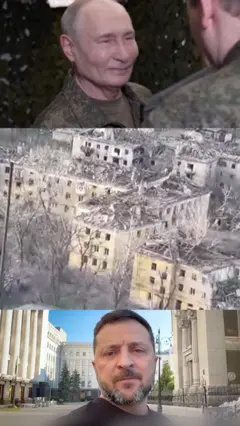 Коллаж, на котором изображены Владимир Путин, Владимир Зеленский и вид на село Константиновка 