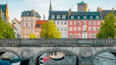 Zabytkowy kamienny most nad rzeką. W tle kamienice o czerwonych, jasnoróżowych i beżowych fasadach, rozłożyste drzewa i błękitne niebo.