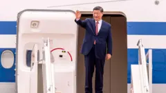 Xi Jinping acenando na porta de um avião