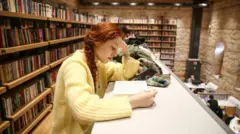 2023 yılında İstanbul'daki Rami Kütüphanesi'ni kullanan bir ziyaretçi genç kadın kitap okuyor. Arkada kitap rafları görülüyor. 