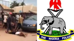 Collage of screenshot wey show di victim as e lie down for ground and a logo of Nigeria police