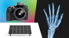 Imagem composta mostra uma câmera digital, um painel solar e uma imagem de raio X, dispostas lado a lado com um fundo colorido