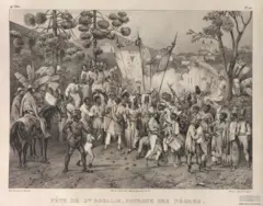 Ilustração em preto e branco mostra uma festa com escravizados com referência a 1835.