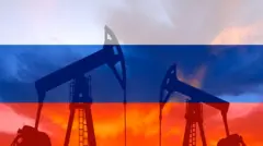 Нафтовий насос на тлі російського прапора