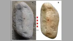 On the left, a picture of the stone before it was fully excavated. It shows a red circle in the middle. On the right, the object has been unearthed and it is possible to appreciate the three main cavities and the central position of the red dot.