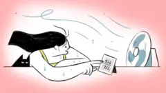 Illustrated scene of a woman sitting at a desk, pointing to an electric room temperature reader. On her left is a black cat and on her right is an electric desk fan with blue swirls of wind coming from it. The drawing uses a minimal black, yellow and pale blue colour palette on a light background. There is a faded red outline surrounding her and the fan