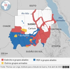 Mapa mostrando que grupo controla cada parte do Sudão