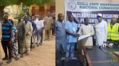 Aworan awọn oludibo lori ila ati ibudo ikede esi idibo naa.