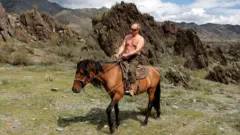 Vladimir Putin aparece sem camisa, montado a cavalo, tendo como pano de fundo uma paisagem montanhosa. Ele usa óculos escuros e calças verde-escuras de estilo militar.